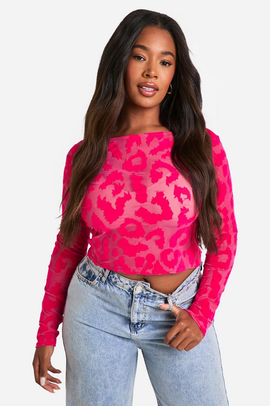 Grande taille - Top en jean à imprimé léopard, Pink
