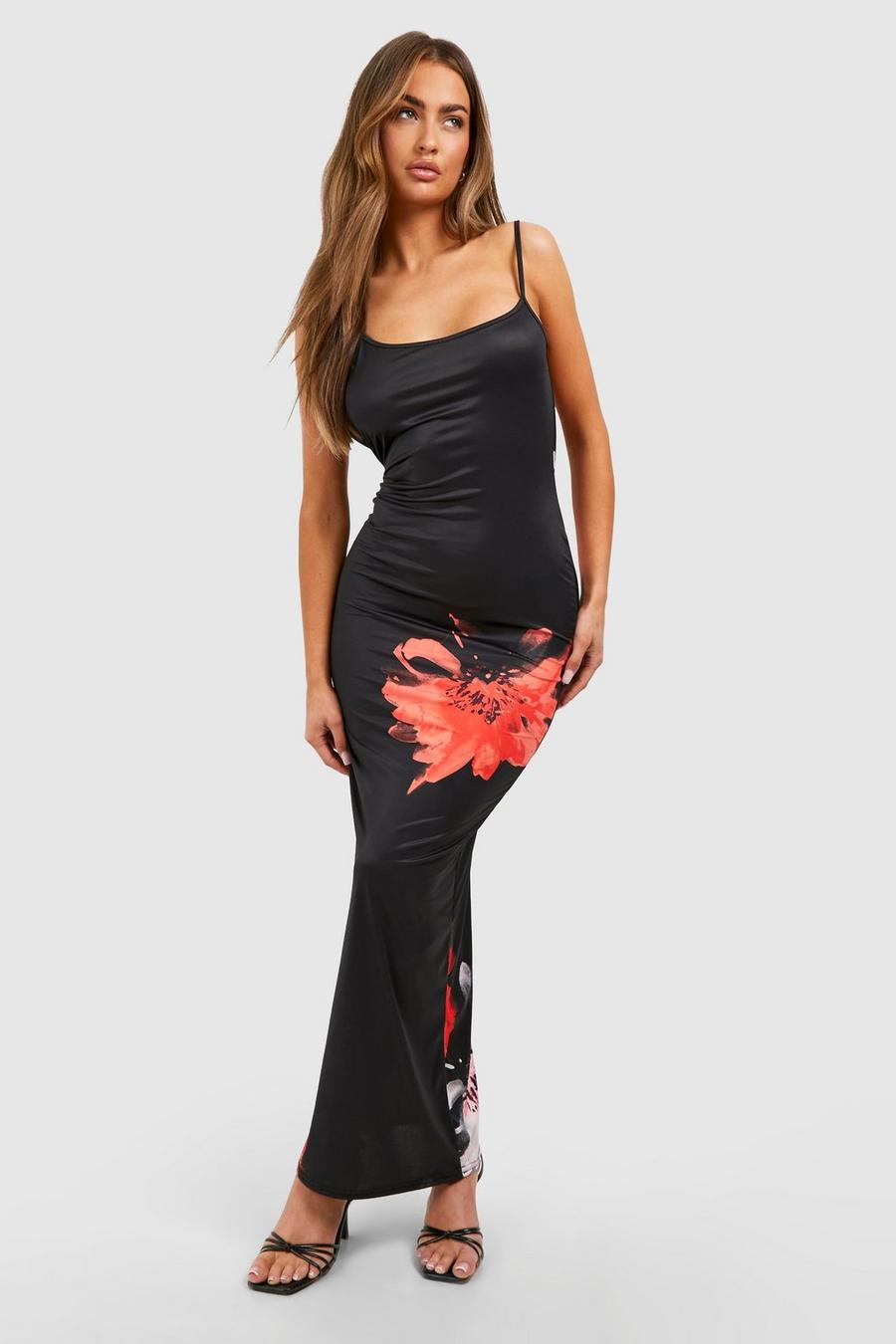 Black Floral Slinky Low Back Maxi Dress