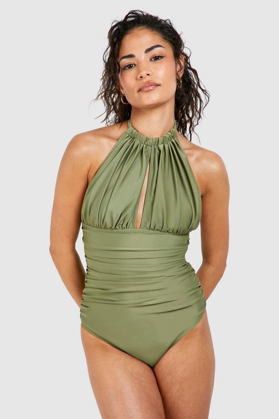 Olive Petite Tummy Control Ruched Halter Swimsuit image number 1