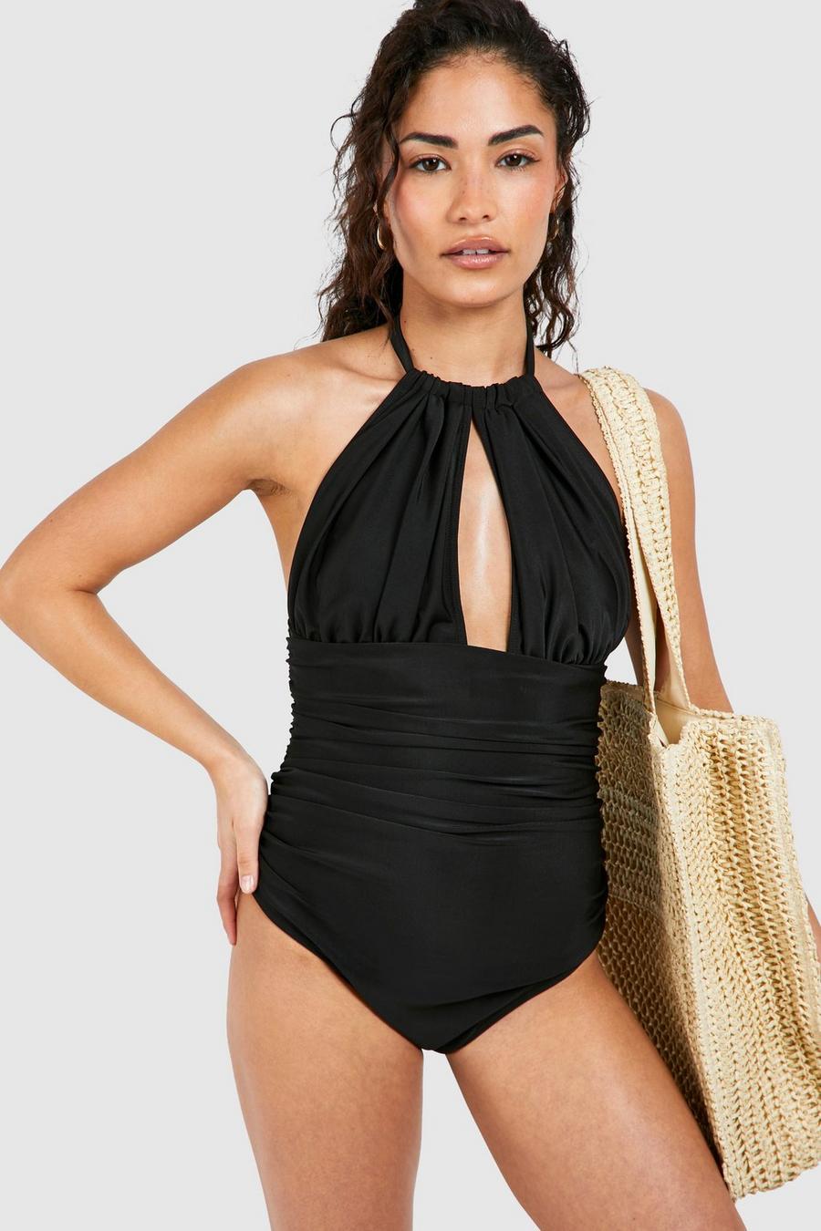 Black Petite Tummy Control Ruched Halter Swimsuit image number 1
