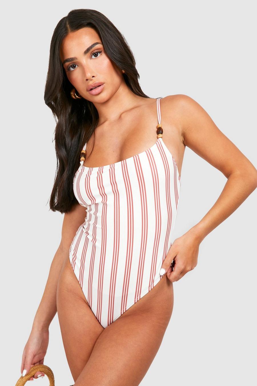 Ecru Petite Stripe Print Strap Detail Swimsuit