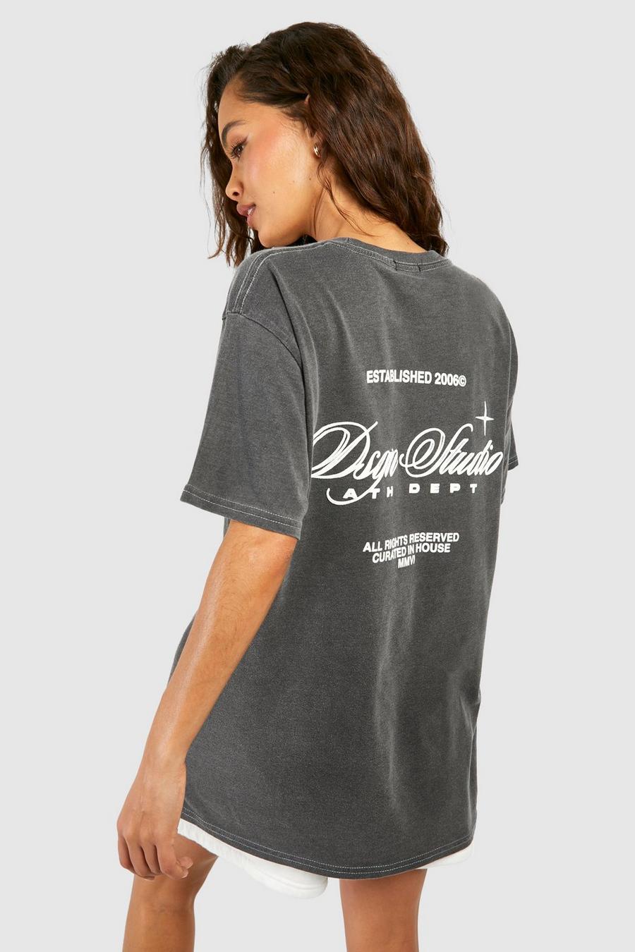 T-shirt oversize slavata con stampa Dsgn Studio a caratteri arrotondati, Charcoal image number 1