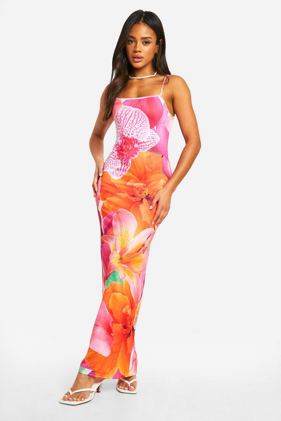 Pink Floral Print Strappy Maxi Dress image number 1