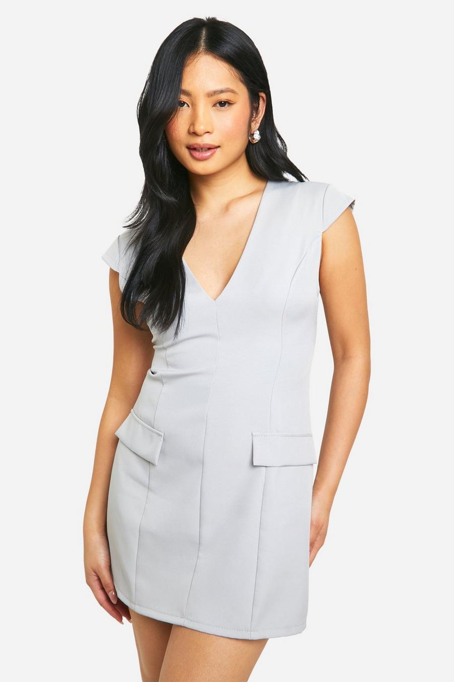 Pale grey Petite Tailored Plunge Cap Sleeve Mini Dress