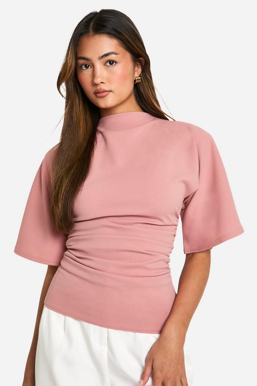 Rose Jersey Crepe High Neck Flared Sleeve Blouse