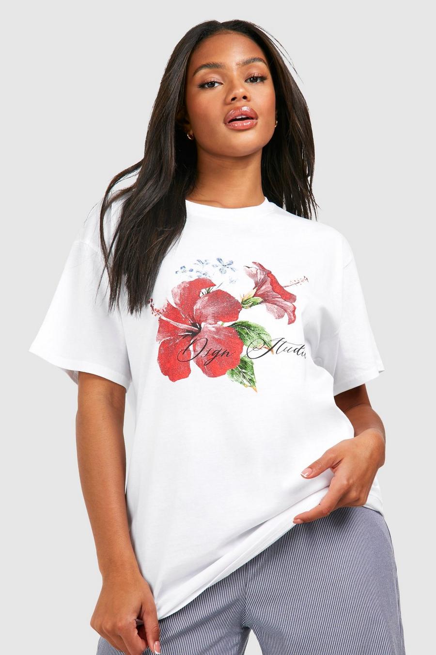 White Oversized Flower Graphic Cotton Tee image number 1