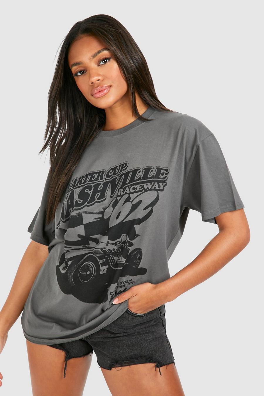 T-shirt oversize in cotone con stampa di auto, Charcoal
