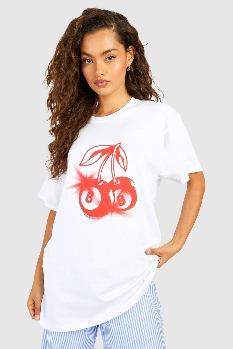 T-shirt oversize in cotone con stampa di ciliegie e 8 gomitoli, White image number 1
