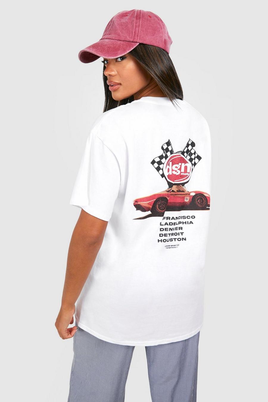 T-shirt oversize in cotone con stampa di auto sul retro, White image number 1