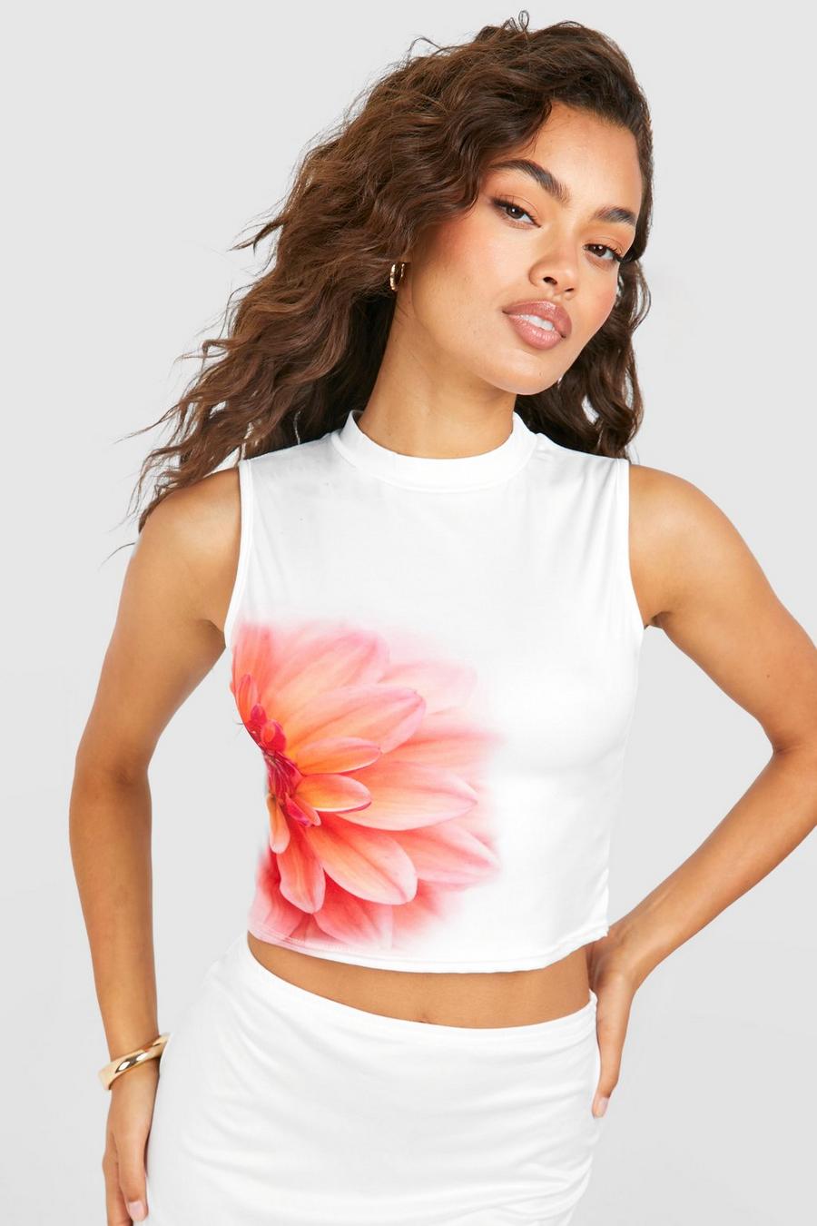 White Floral High Neck Sleeveless Crop image number 1