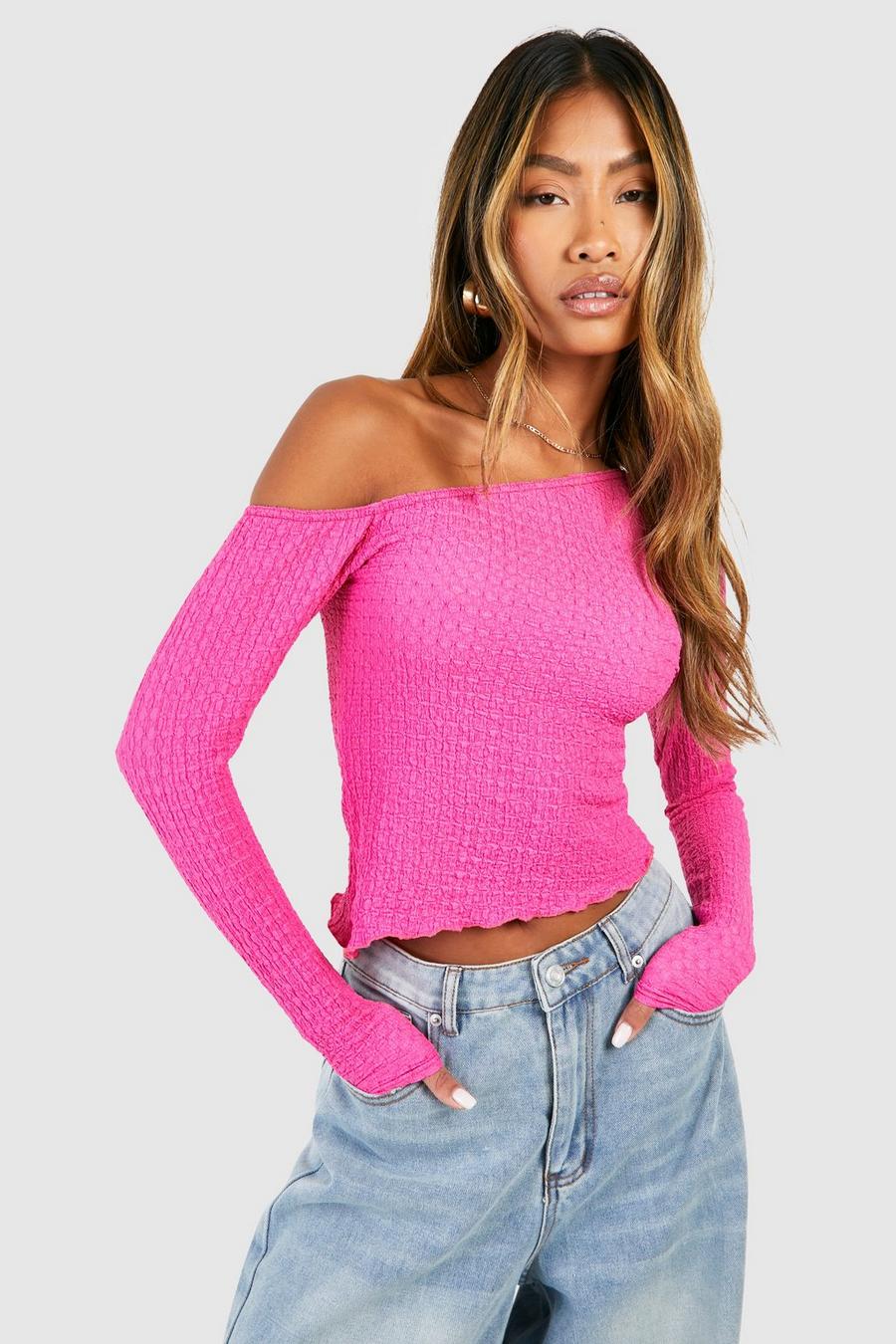 Hot pink Textured Boat Neck Asymmetric Top image number 1