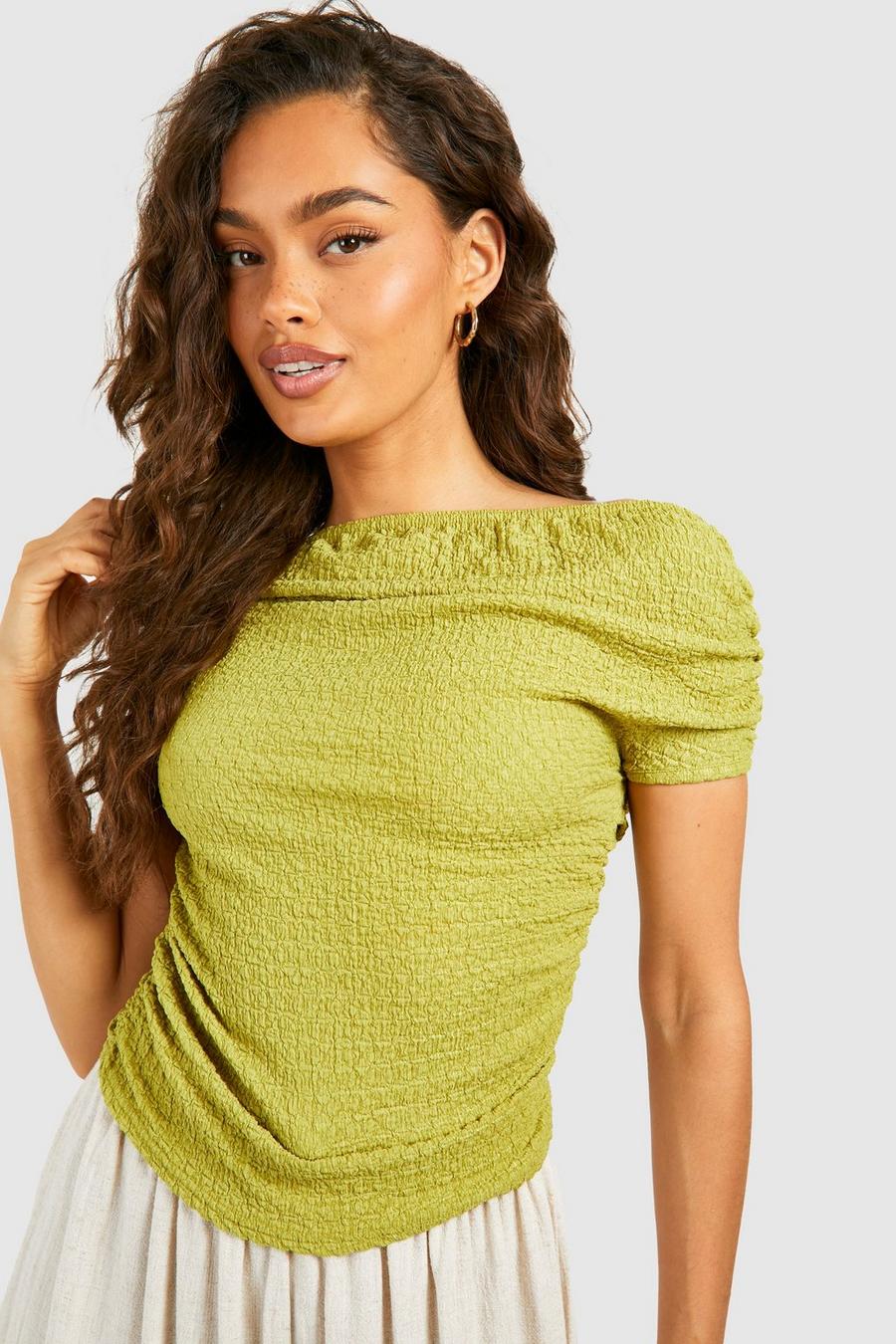 Lime Textured Off The Shoulder Ruched Jean Grazer Top