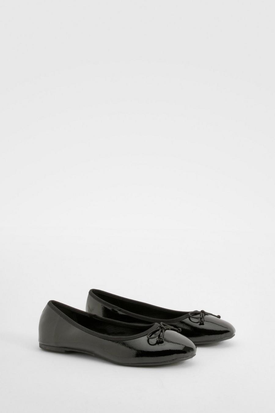 Black Wide Fit Crinkle Bow Detail Ballet Flats
