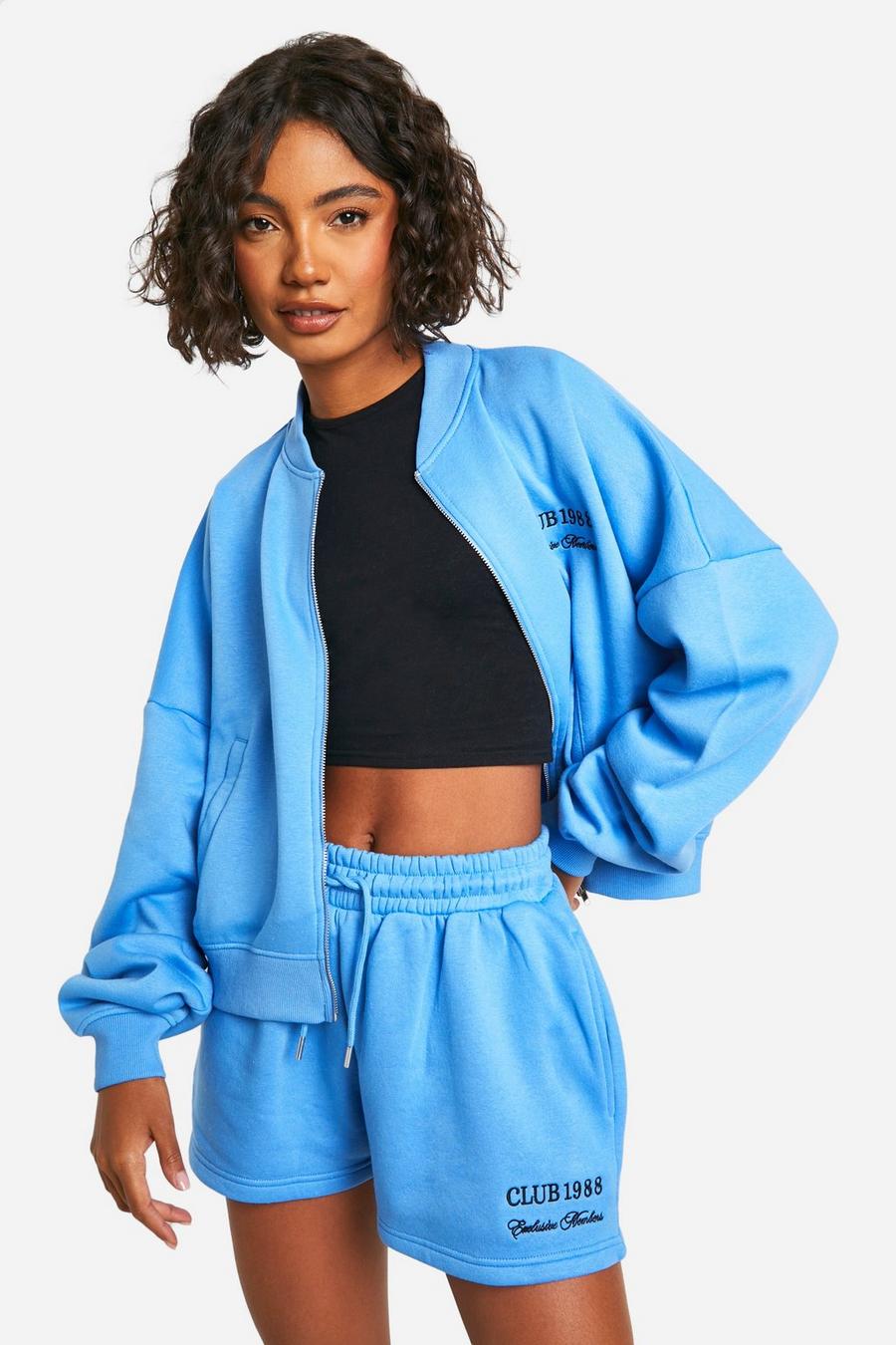 Blue Tall Embroidered Bomber Zip Up Short Tracksuit 