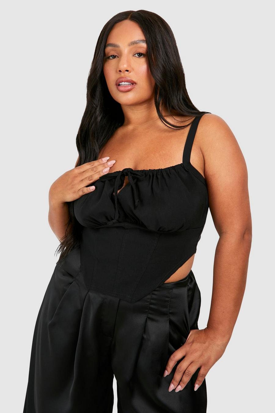 Top a corsetto Plus Size stile Milkmaid con laccetti frontali, Black image number 1