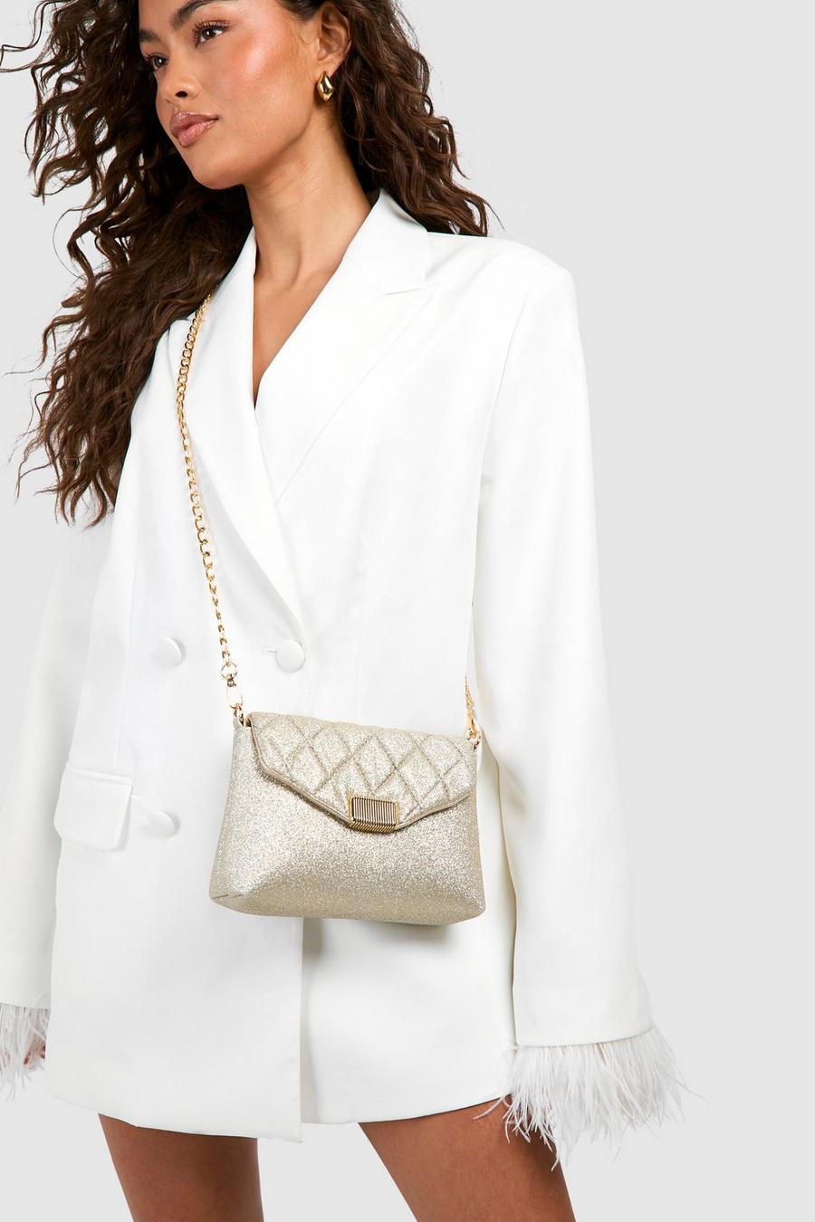 Gold Quilted Cross Body Glitter Bag 