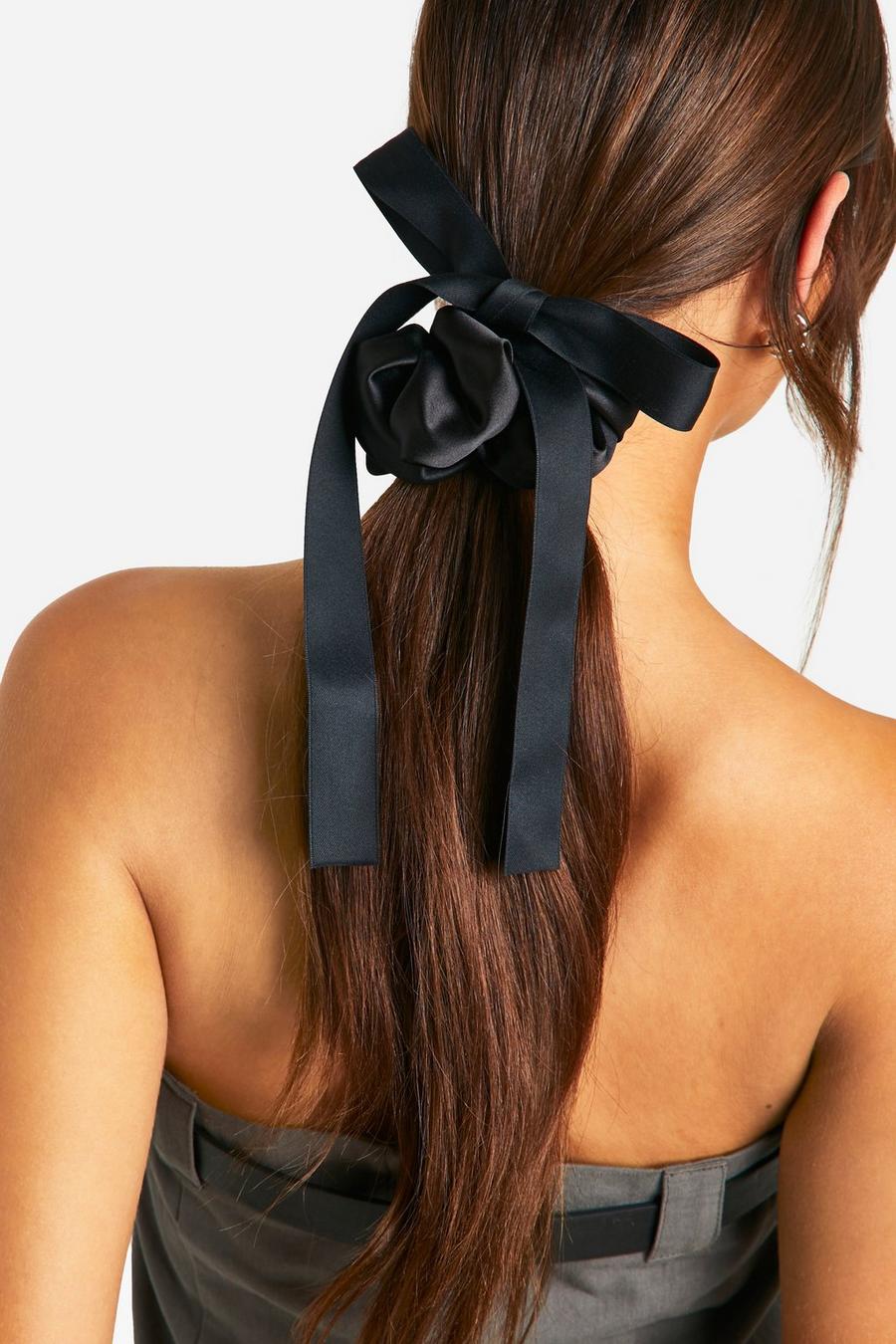 Black Oversized Satin Bow Detail Scrunchie  