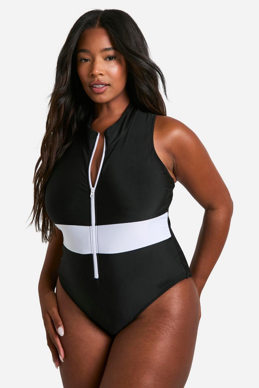 Black Plus Contrast Zip Racer Swimsuit 