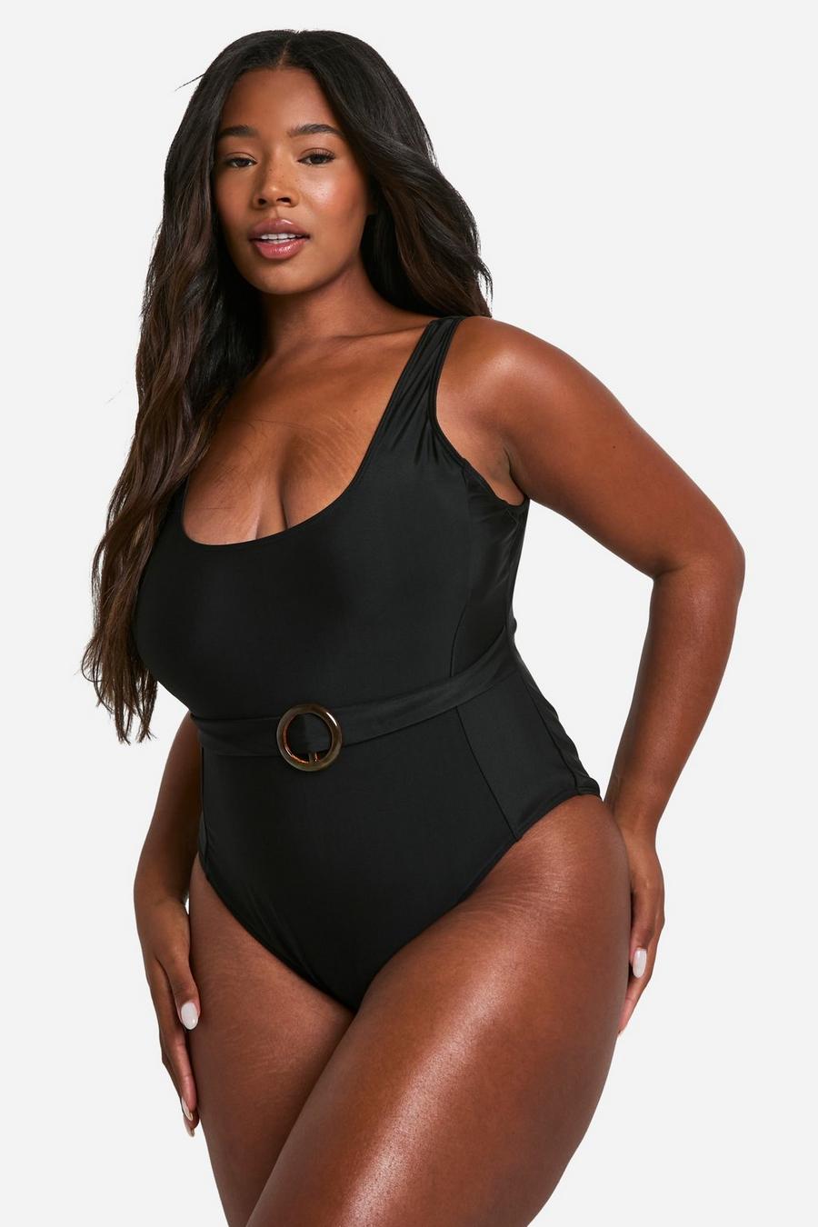 Black Plus Tummy Control Belted Swimsuit  image number 1