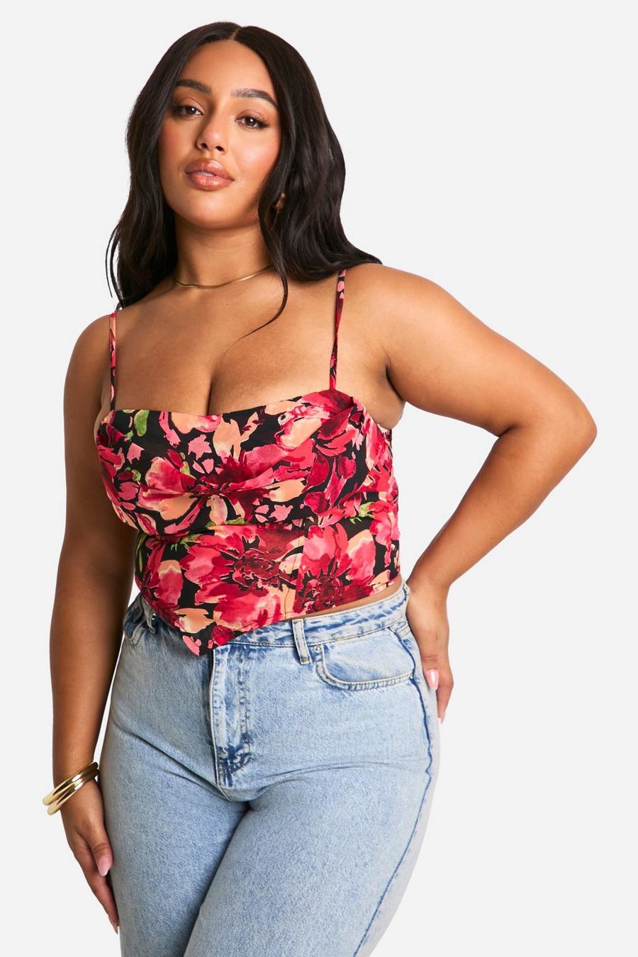 Red Plus Cowl Strappy Floral Corset Top 