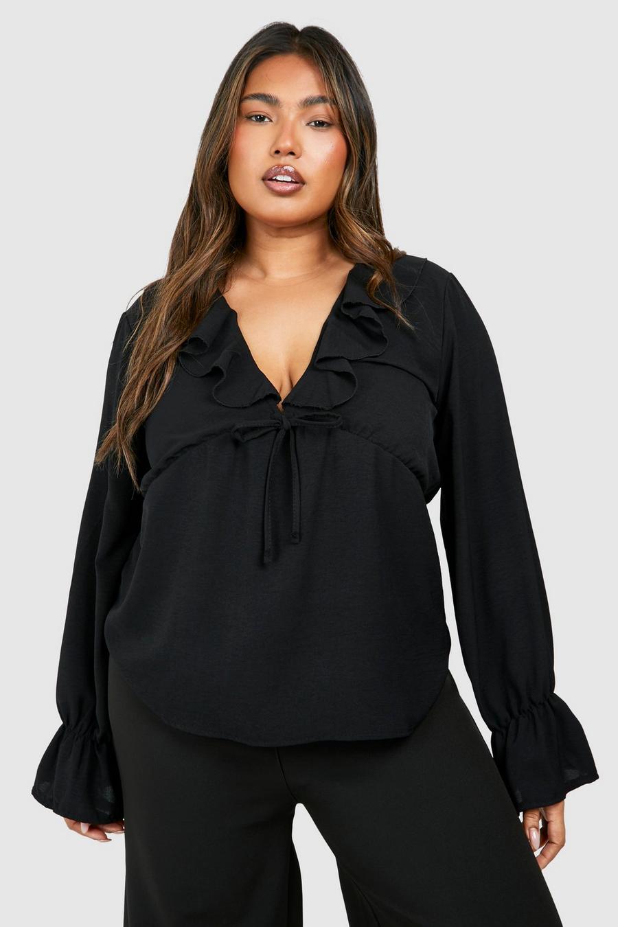 Black Plus Woven Textured Frill Front Smock Top  image number 1