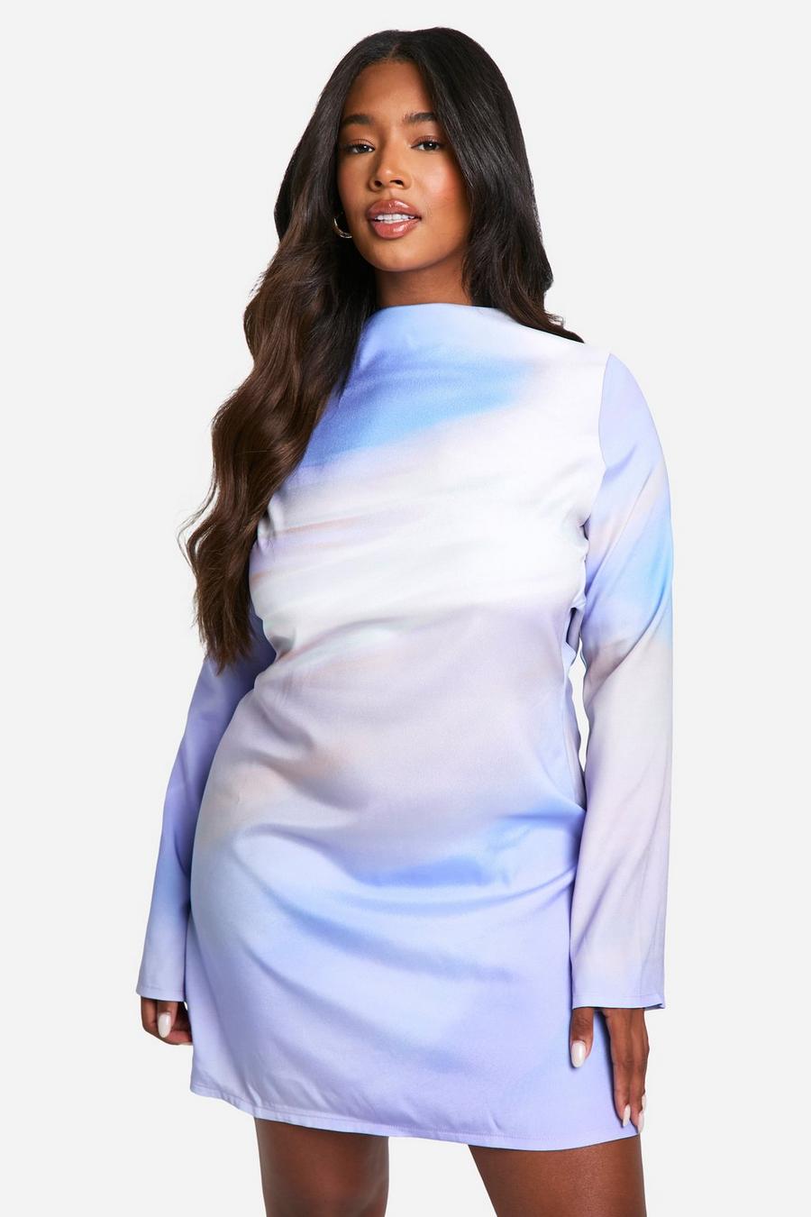 Lilac Plus Premium Satin Blurred Print Cowl Back Mini Dress 