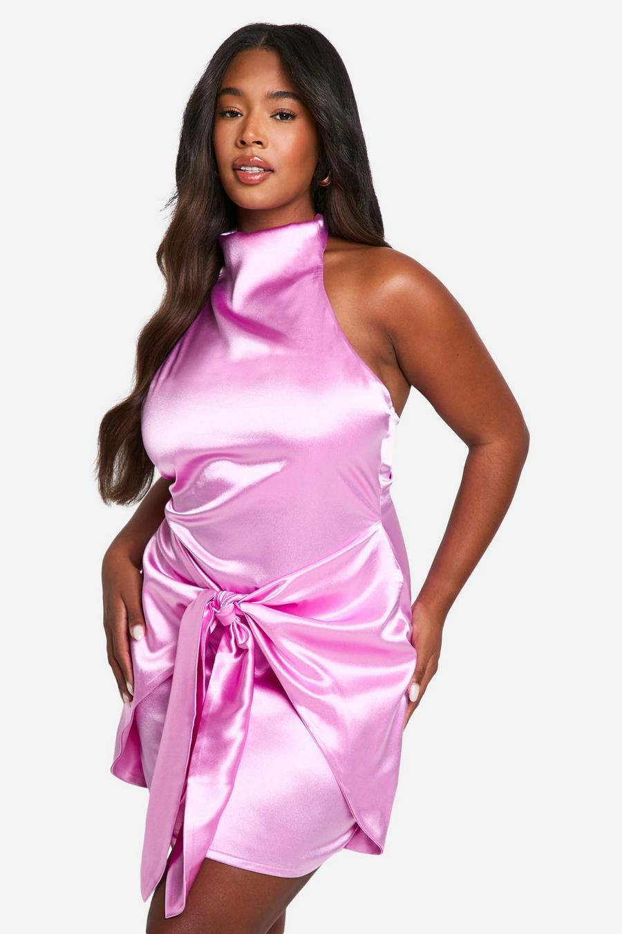 Pink Plus Tie Neck Backless Wrap Mini Dress  image number 1