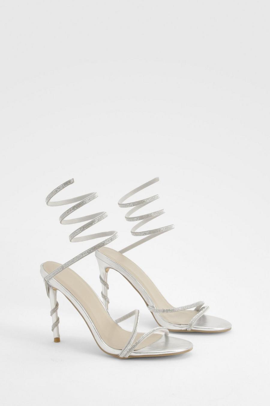 Silver Asymmetric Diamante Wrap Around Heels