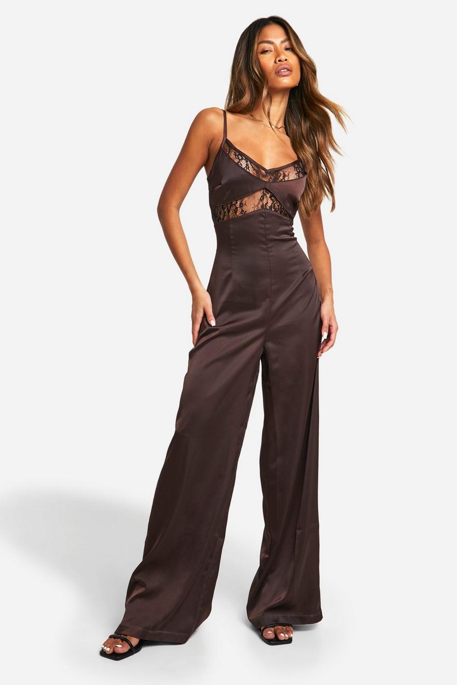 Chocolate Lace Insert Plunge Jumpsuit image number 1
