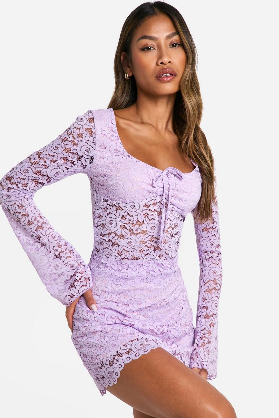 Lilac Tie Front Lace Crop & Mini Skirt