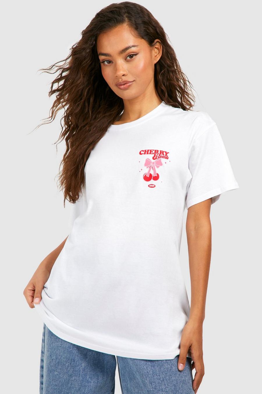T-shirt oversize in cotone con stampa Cherry Bomb ad altezza taschino, White image number 1