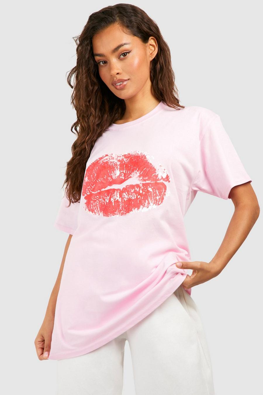 T-shirt oversize in cotone con stampa di labbra sul petto, Baby pink