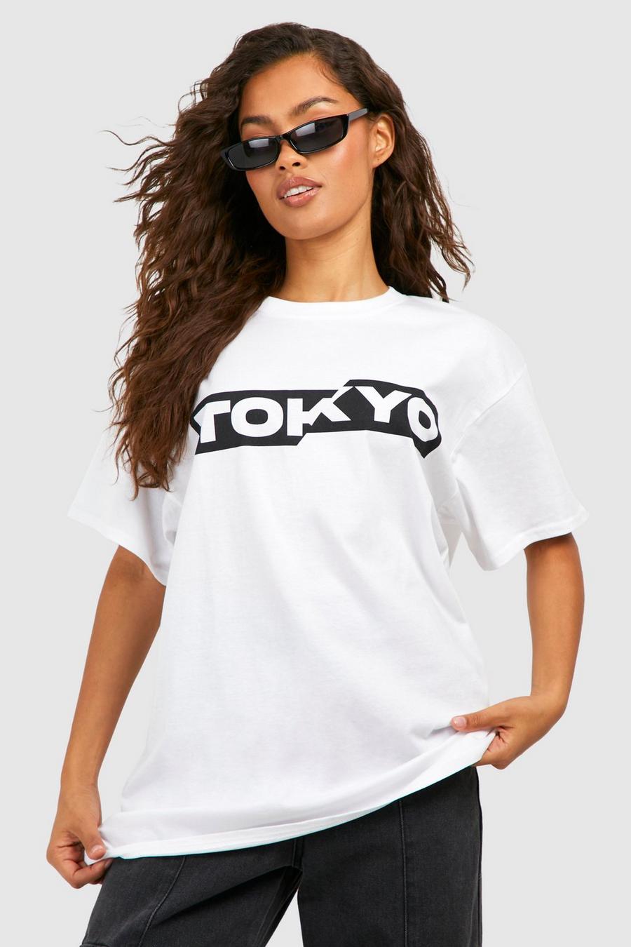 Oversize Baumwoll T-Shirt mit Tokyo-Print, White image number 1