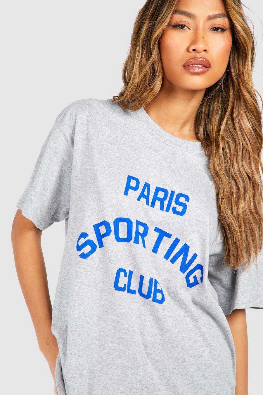 Grey Oversized Paris Sporting Club Chest Print Cotton Tee