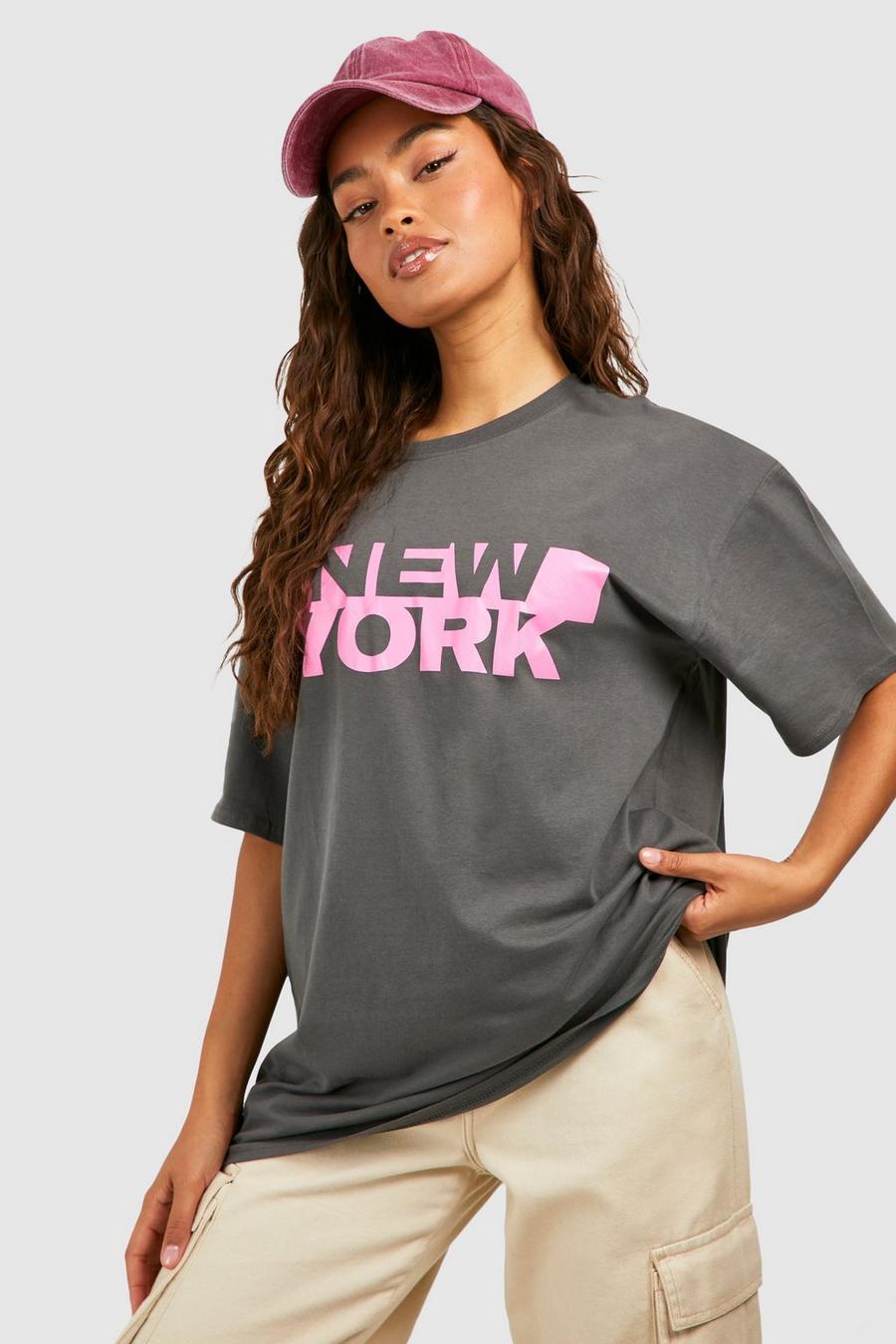 Charcoal Oversized New York Chest Print Cotton Tee image number 1