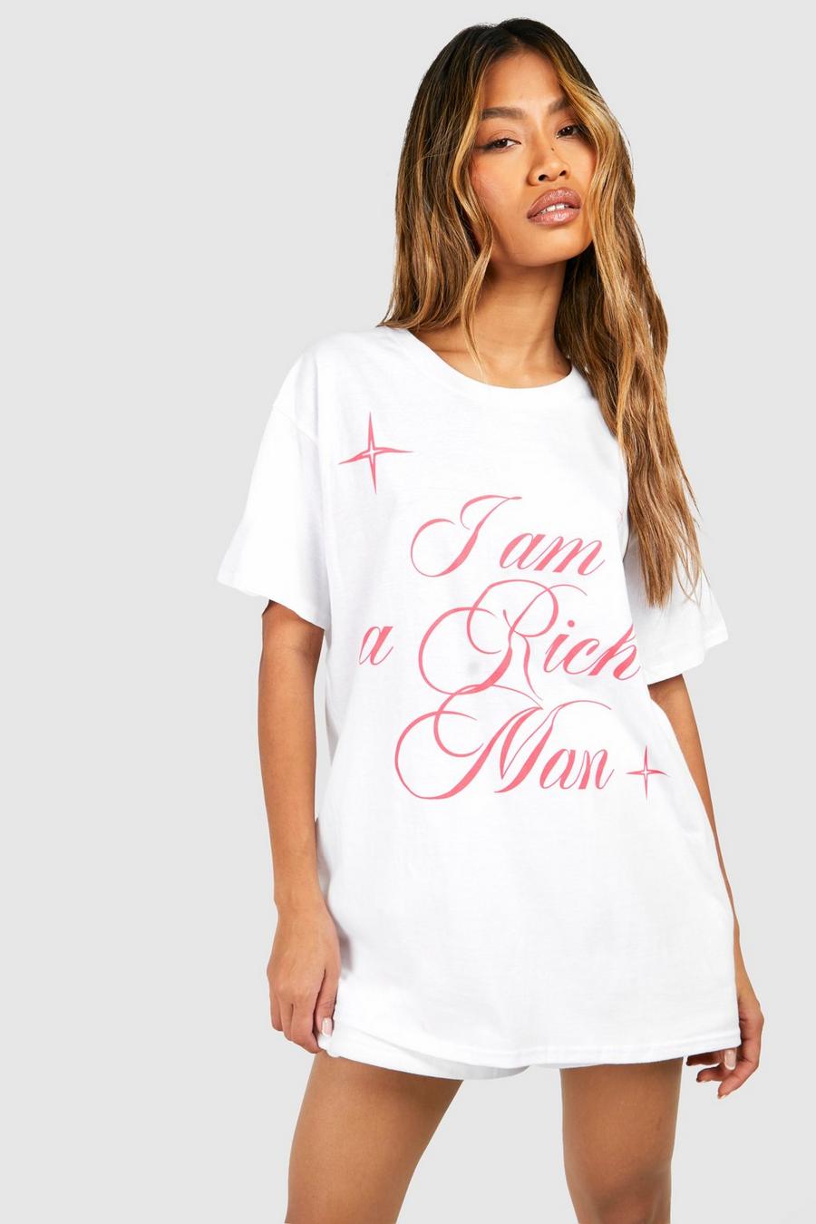 Oversize Baumwoll T-Shirt mit I Am A Rich Man Print, White