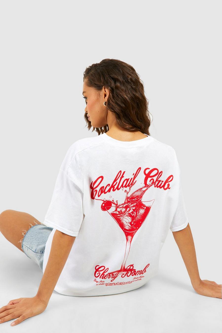 White Oversized Cocktail Cherry Bomb Back Print Cotton Tee image number 1