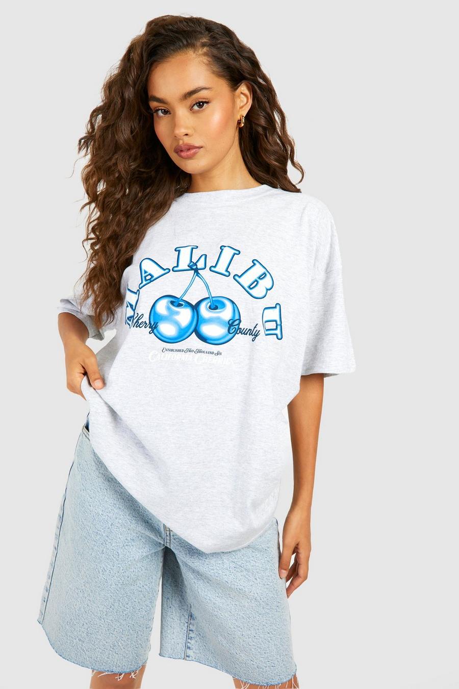 Camiseta oversize de algodón con estampado de cerezas en el pecho de Malibu, Grey