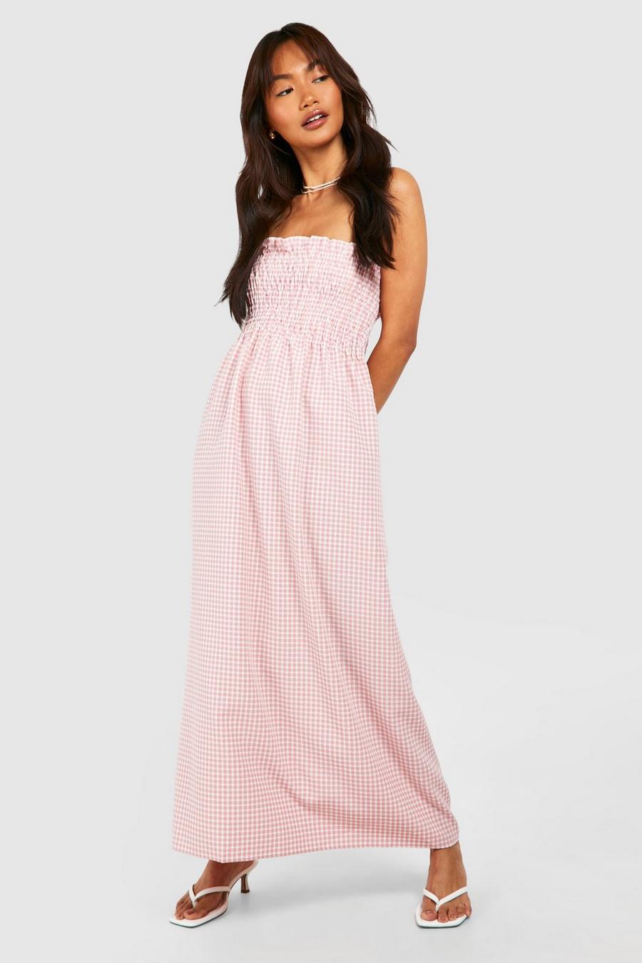 Pink Gingham Shirred Bandeau Midi Dress image number 1