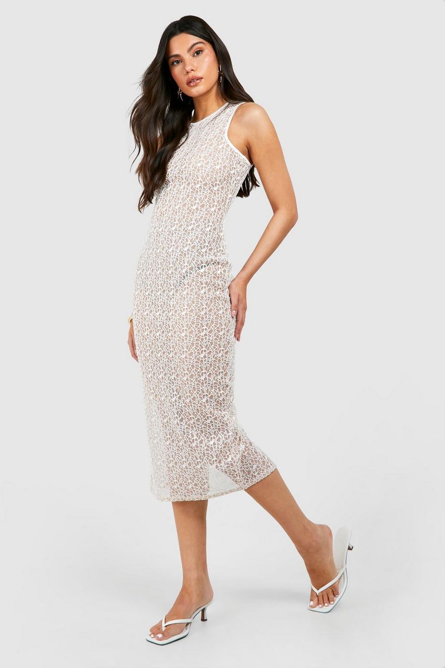 Cream Embroidered Mesh Racer Midaxi Dress
