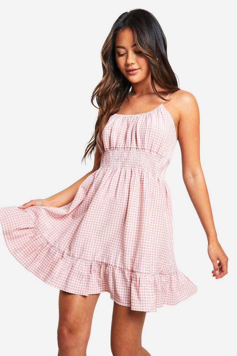 Pink Gingham Strappy Mini Dress