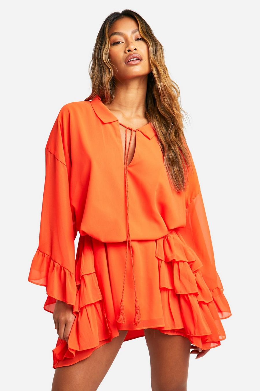 Orange Ruffle Detail Smock Mini Dress
