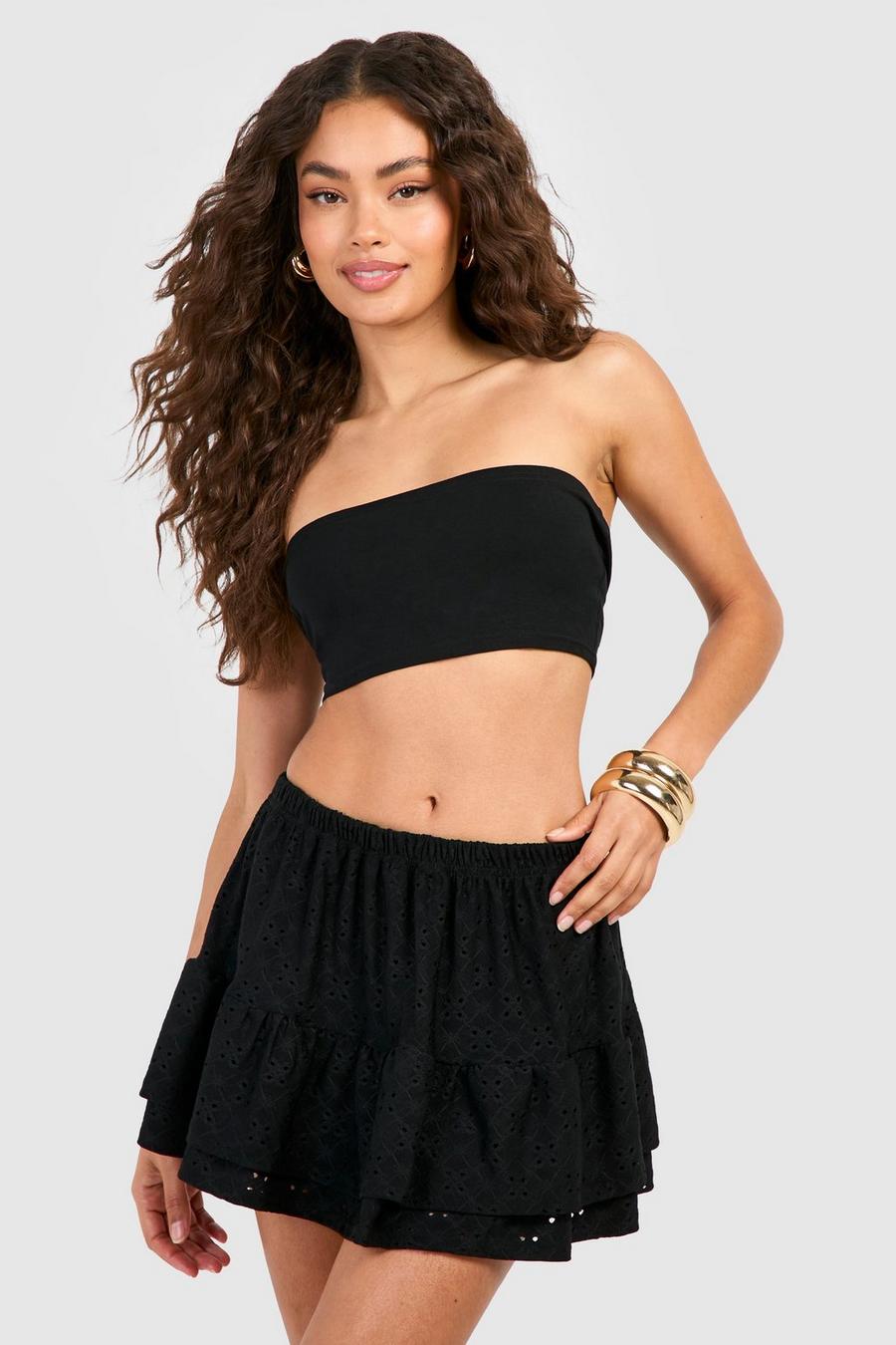 Black Eylet Lace Low Rise Tiered Frill Mini Skirt 