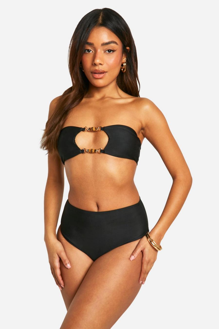 Set bikini a fascia a vita alta con finiture in legno, Black image number 1