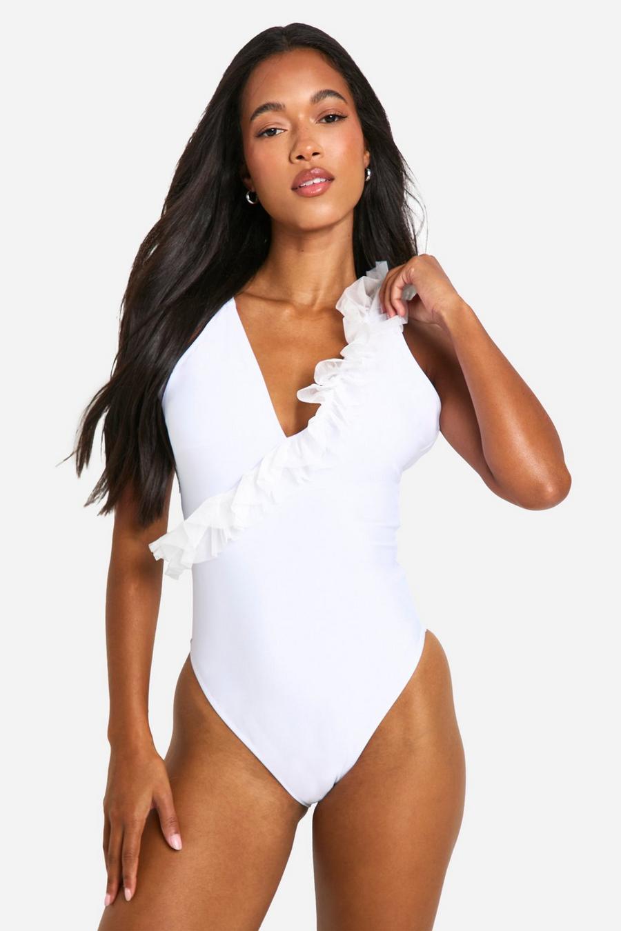 White Ruffle Detail Strappy Swimsuit image number 1