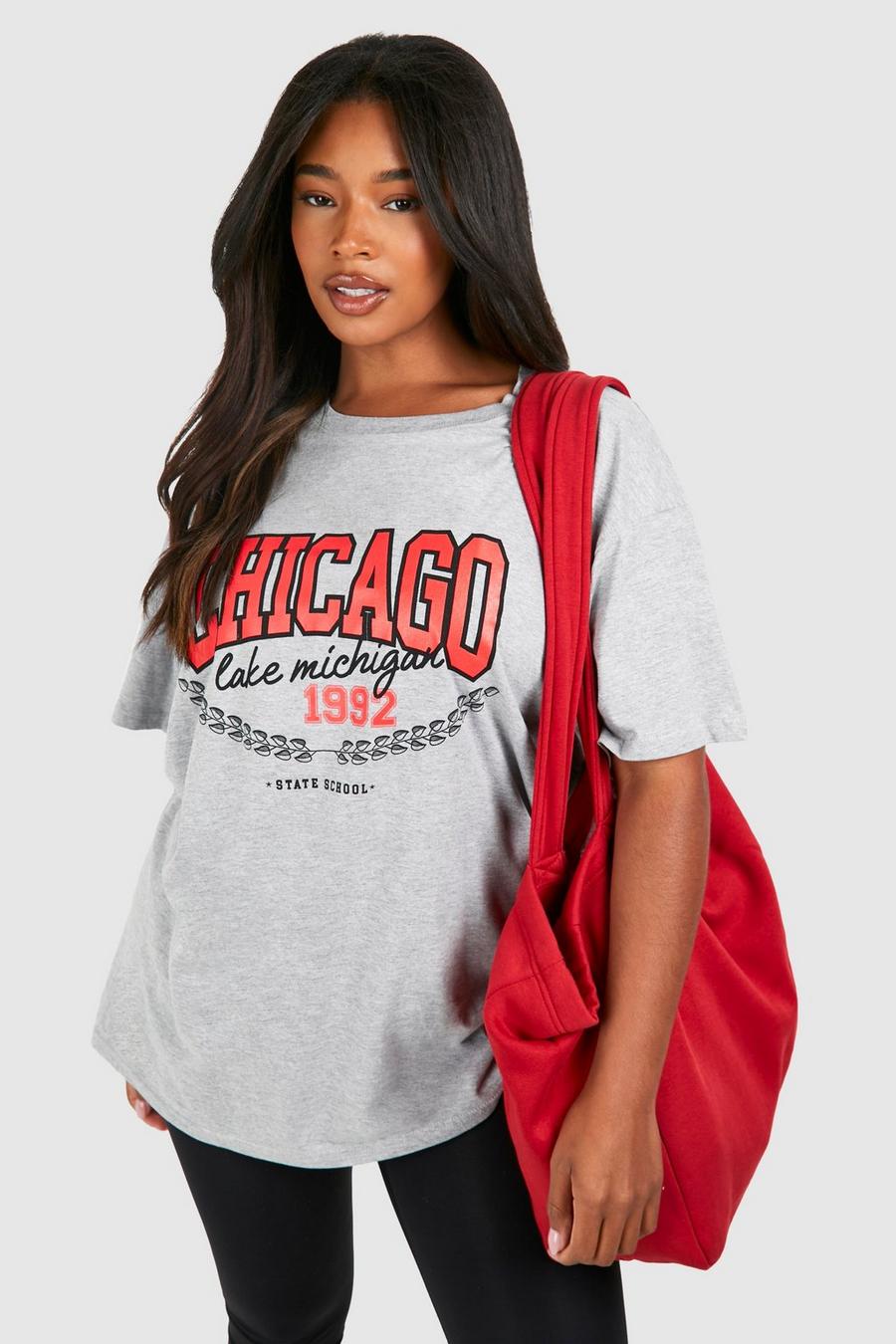 Plus T-Shirt mit Chicago-Print, Ash grey