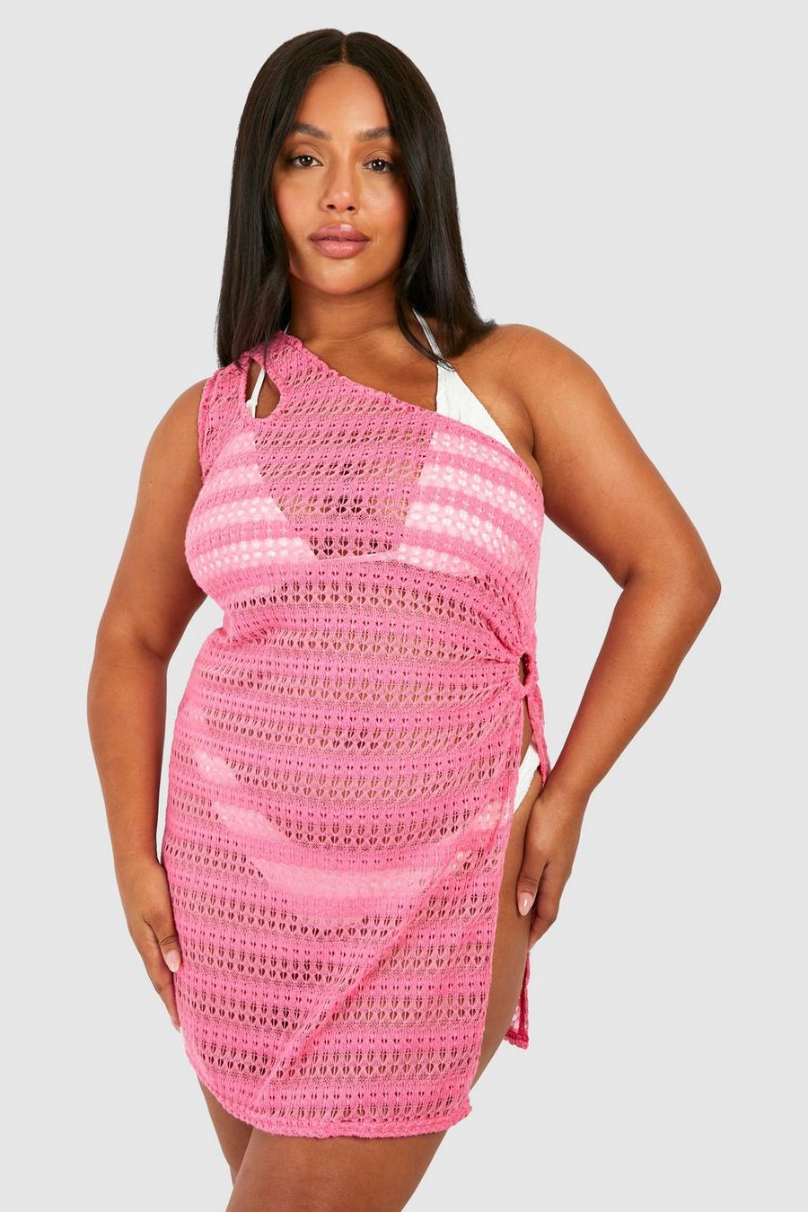 Hot pink Plus Stickad strandklänning med one shoulder