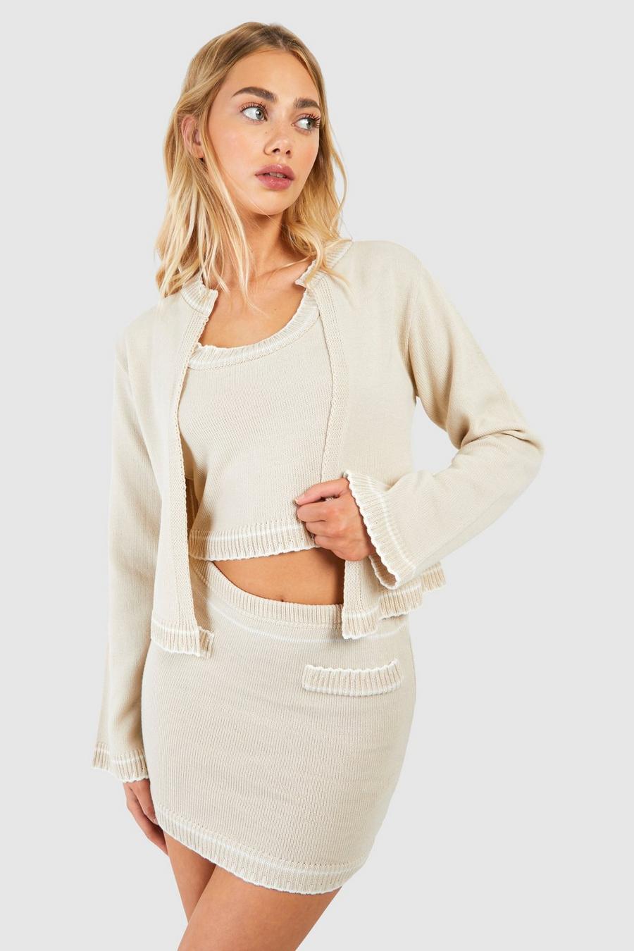 Stone Contrast Stitch 3 Piece Knitted Cardigan, Crop Top And Mini Skirt Set
