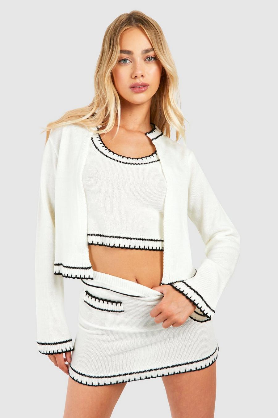 Ecru Contrast Stitch 3 Piece Knitted Cardigan, Crop Top And Mini Skirt Set image number 1