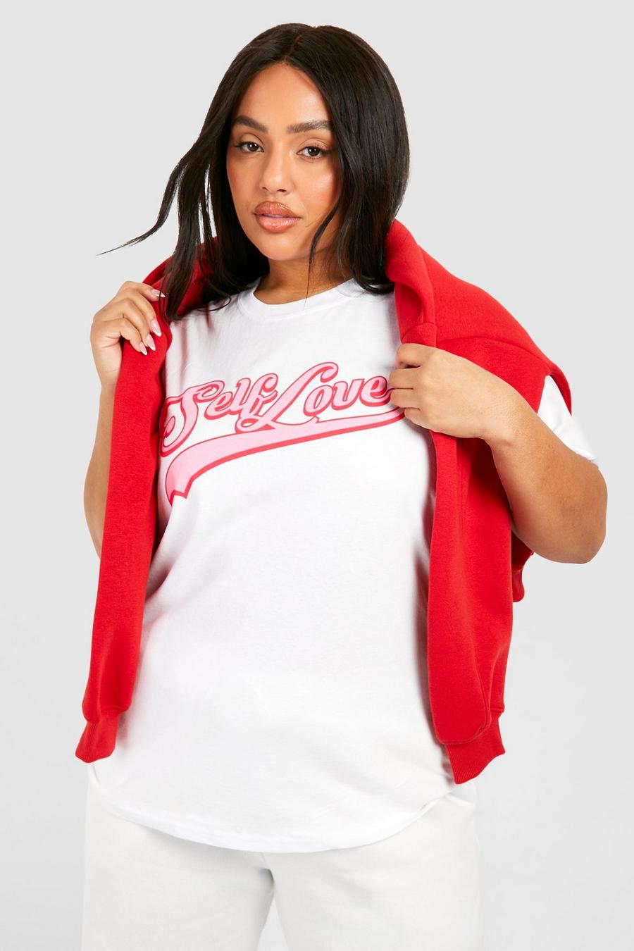 T-shirt Plus Size oversize con scritta Self Love, White
